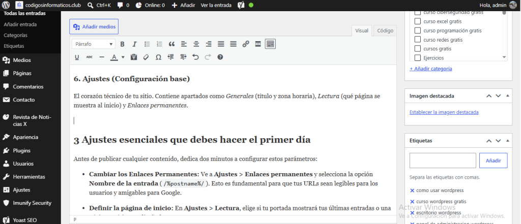 Diagrama de configuración de enlaces permanentes y opciones del panel de WordPress